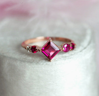 Pink Princess-Cut Tourmaline Cluster Ring with Side White Diamonds and Rubies