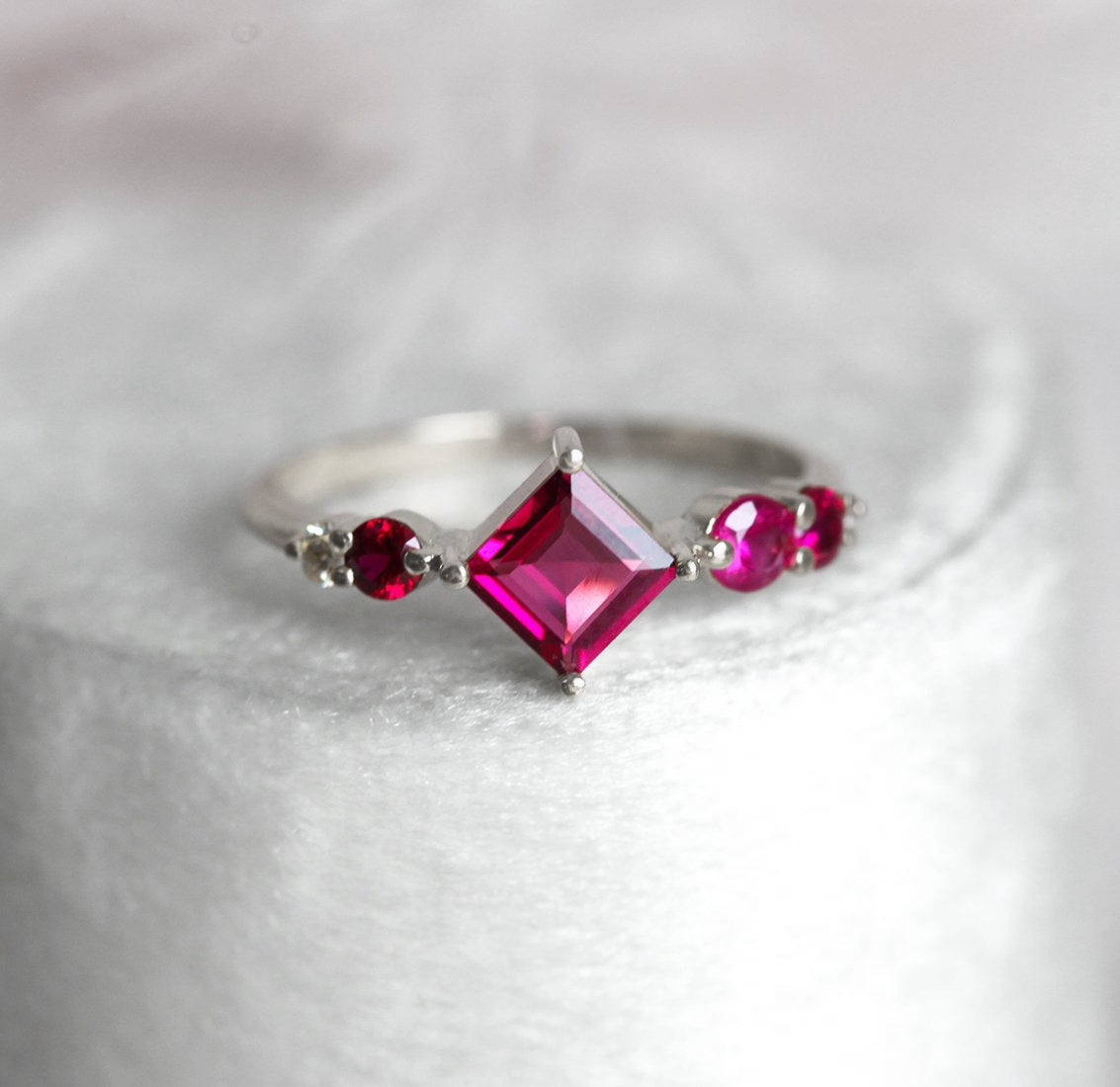 Pink Princess-Cut Tourmaline Cluster Ring with Side White Diamonds and Rubies