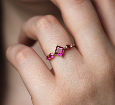 Pink Princess-Cut Tourmaline Cluster Ring with Side White Diamonds and Rubies