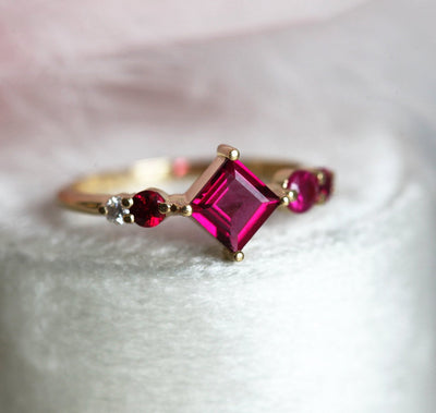 Pink Princess-Cut Tourmaline Cluster Ring with Side White Diamonds and Rubies