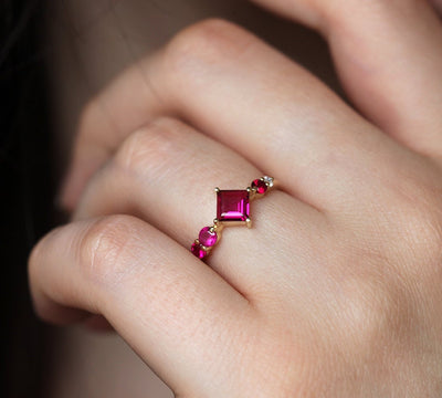 Pink Princess-Cut Tourmaline Cluster Ring with Side White Diamonds and Rubies