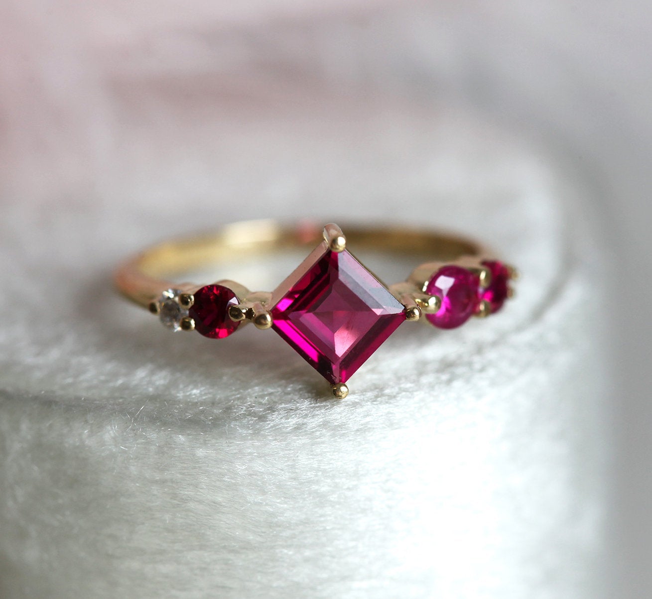 Pink Princess-Cut Tourmaline Cluster Ring with Side White Diamonds and Rubies