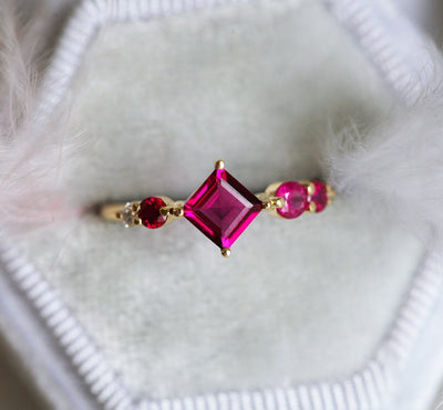 Pink Princess-Cut Tourmaline Cluster Ring with Side White Diamonds and Rubies