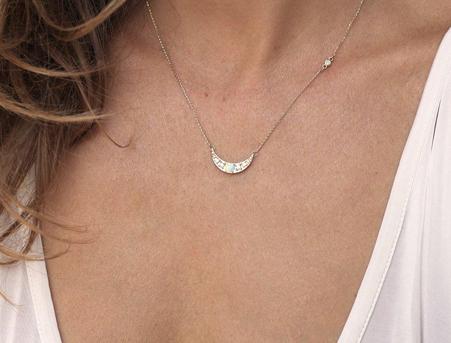 Gold Crescent Moon Necklace With Opal And Side White Diamonds