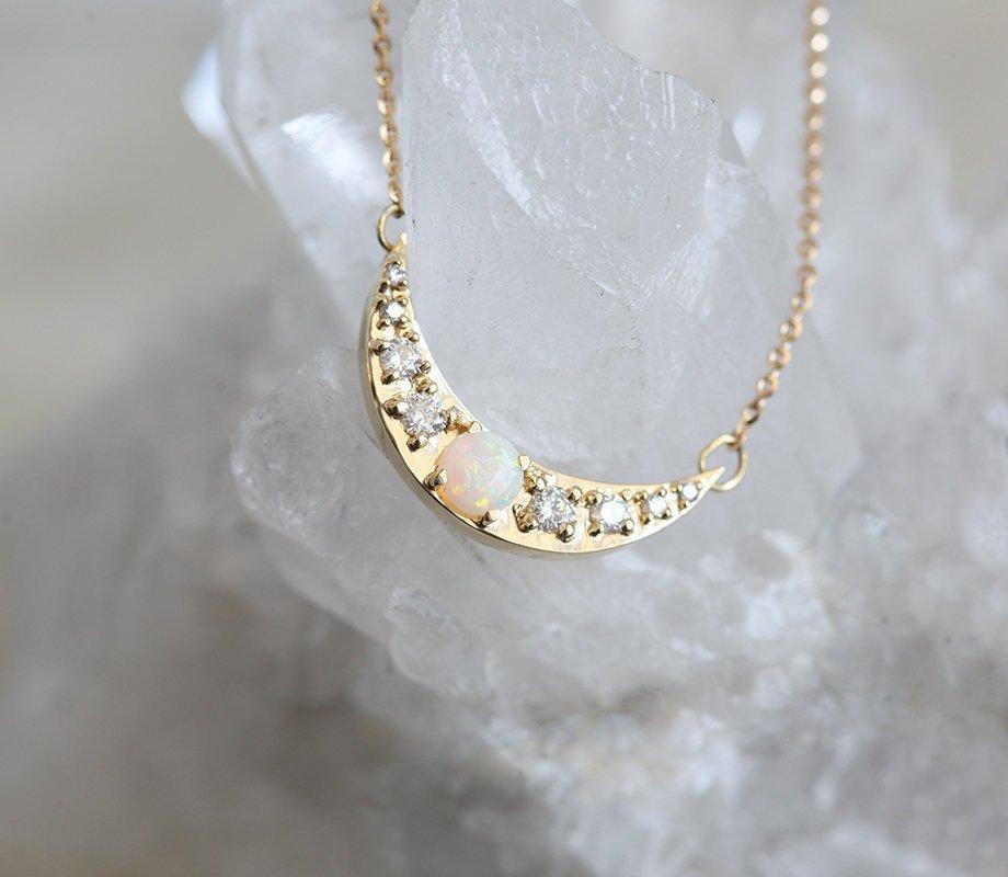 Gold Crescent Moon Necklace With Opal And Side White Diamonds
