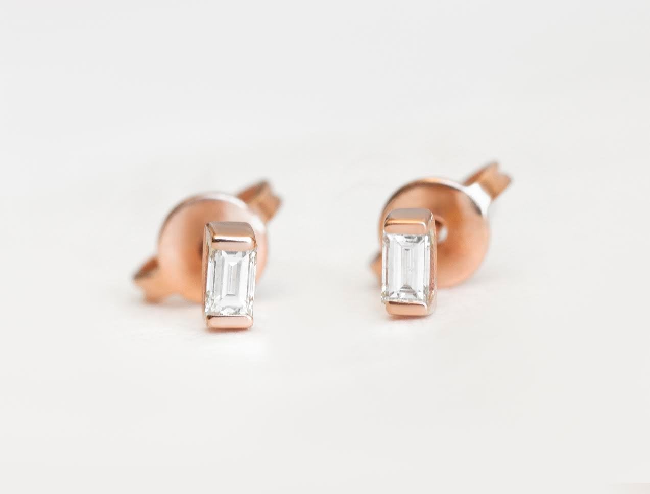 Baguette White Diamond Gold Stud Earrings