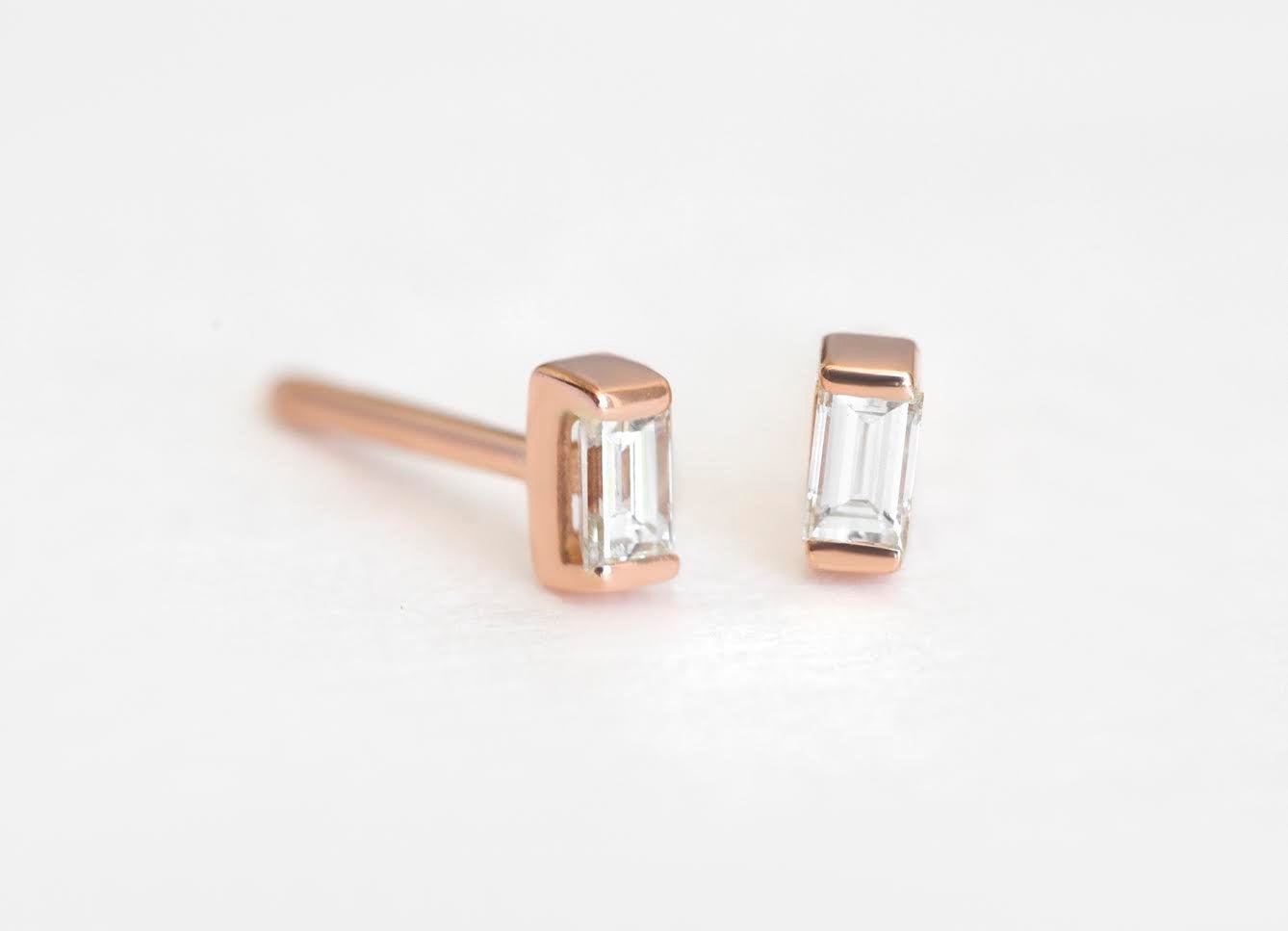 Baguette White Diamond Gold Stud Earrings