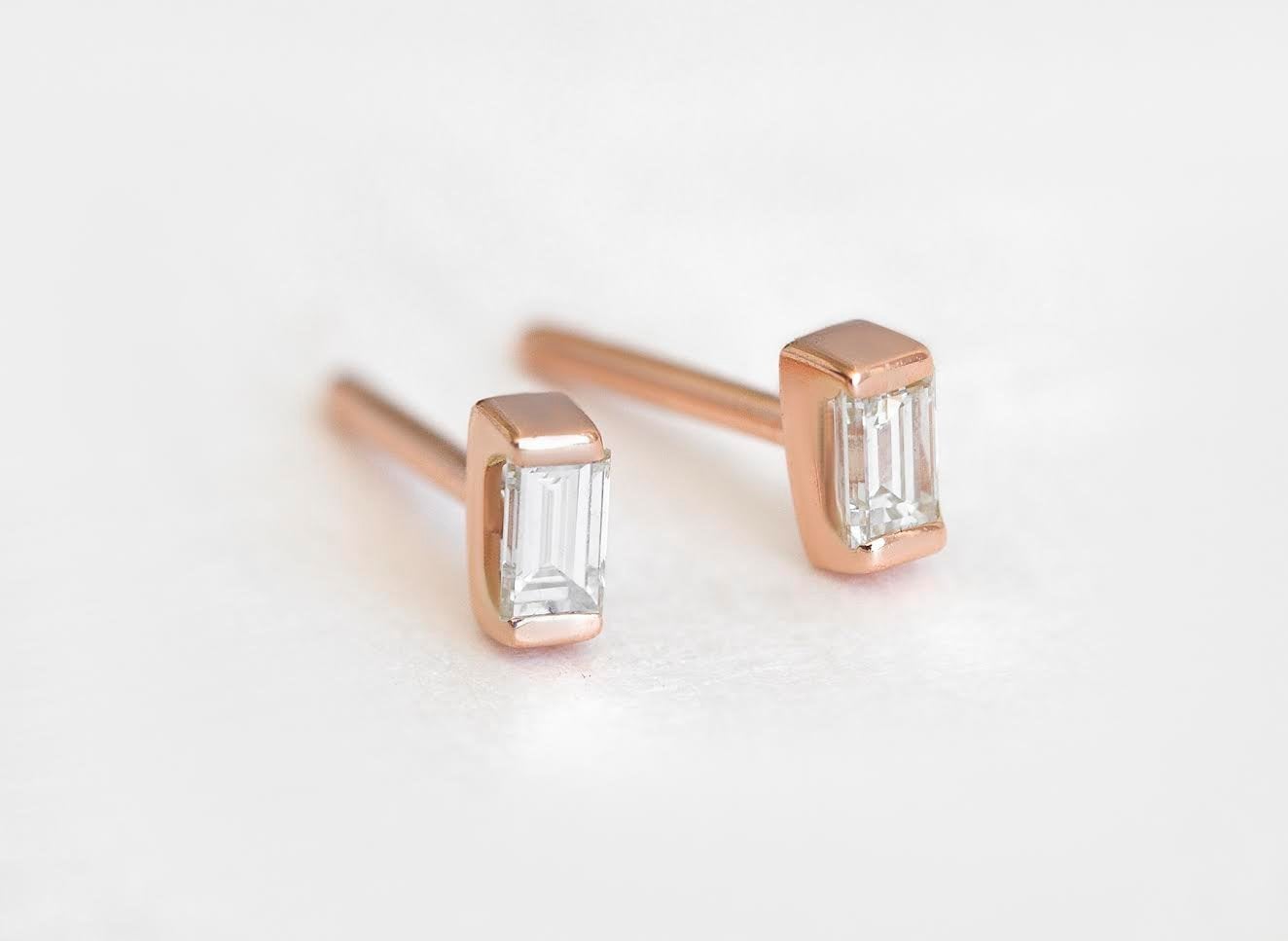 Baguette White Diamond Gold Stud Earrings