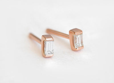 Baguette White Diamond Gold Stud Earrings