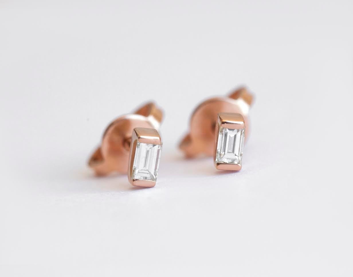 Baguette White Diamond Gold Stud Earrings