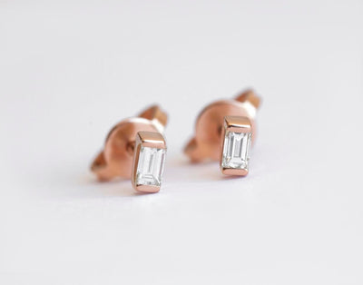 Baguette White Diamond Gold Stud Earrings