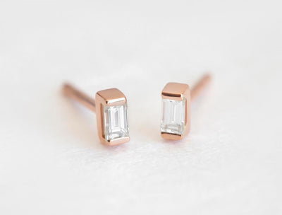 Baguette White Diamond Gold Stud Earrings