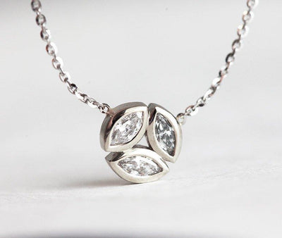 3 Marquise-Cut White Diamonds Set in a round shape on a Chain Necklace