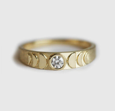 Round White Diamond Band with moon phase textures on ring's surface