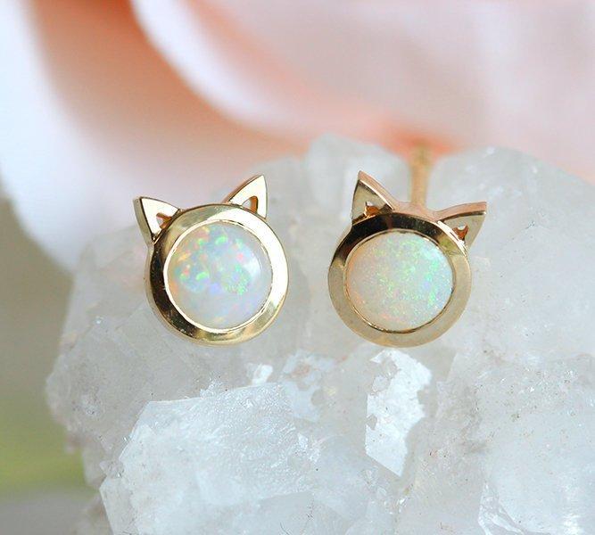 Round white opal stud kitten earrings