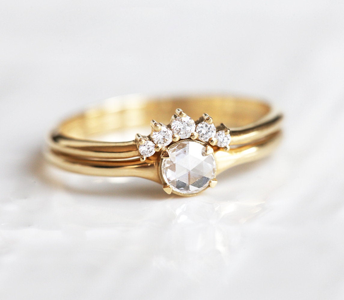 Gold Rose Cut Diamond Ring Set with Side White Diamonds