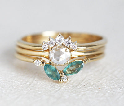 Gold Rose Cut Diamond Ring Set with Side White Diamonds and Blue Gemstone