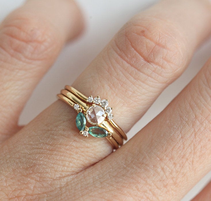 Gold Rose Cut Diamond Ring Set with Side White Diamonds and Blue Gemstone