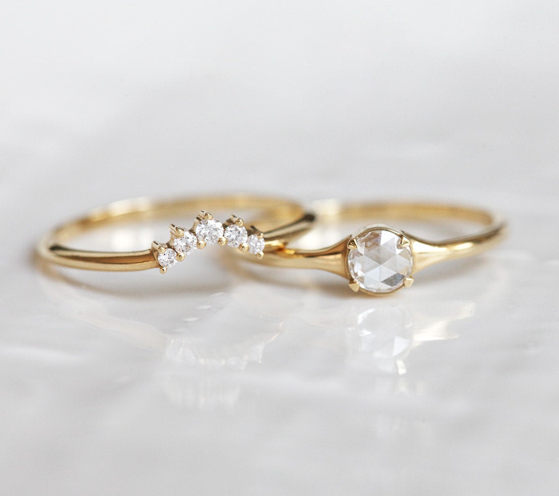 Gold Rose Cut Diamond Ring Set with Side White Diamonds