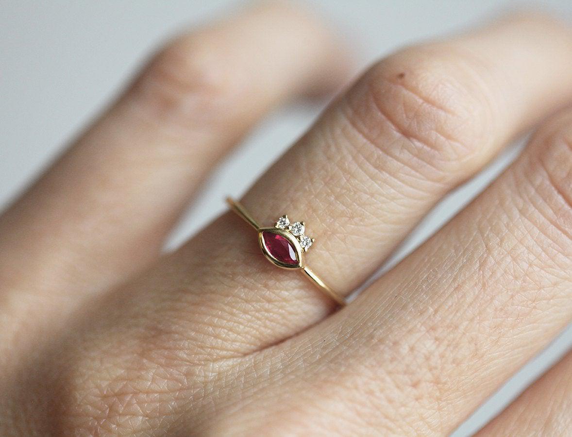 Marquise Cut Ruby Gold Ring with 3 Round White Diamonds