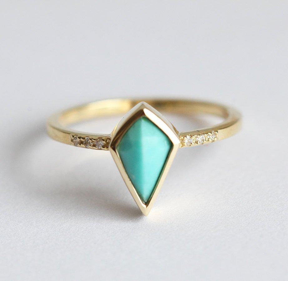 Unique Kite Turquoise Engagement Ring with Side White Diamonds