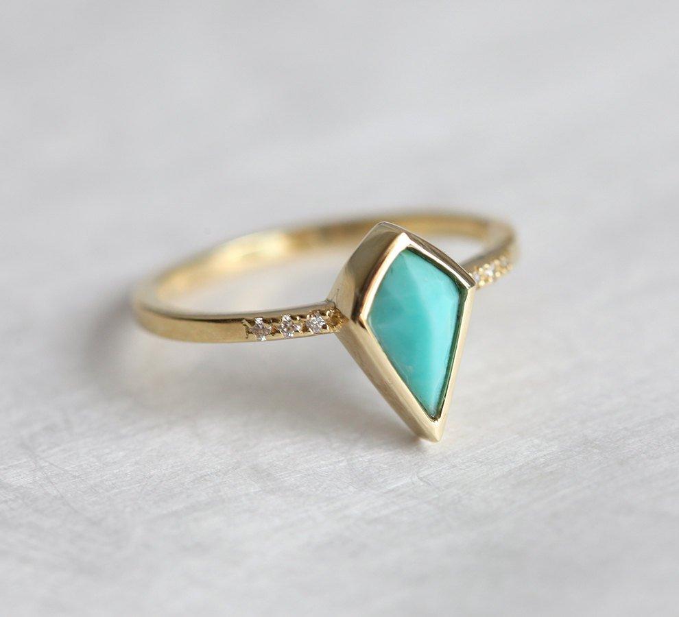 Unique Kite Turquoise Engagement Ring with Side White Diamonds