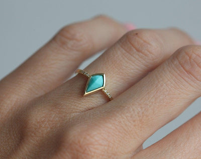 Unique Kite Turquoise Engagement Ring with Side White Diamonds