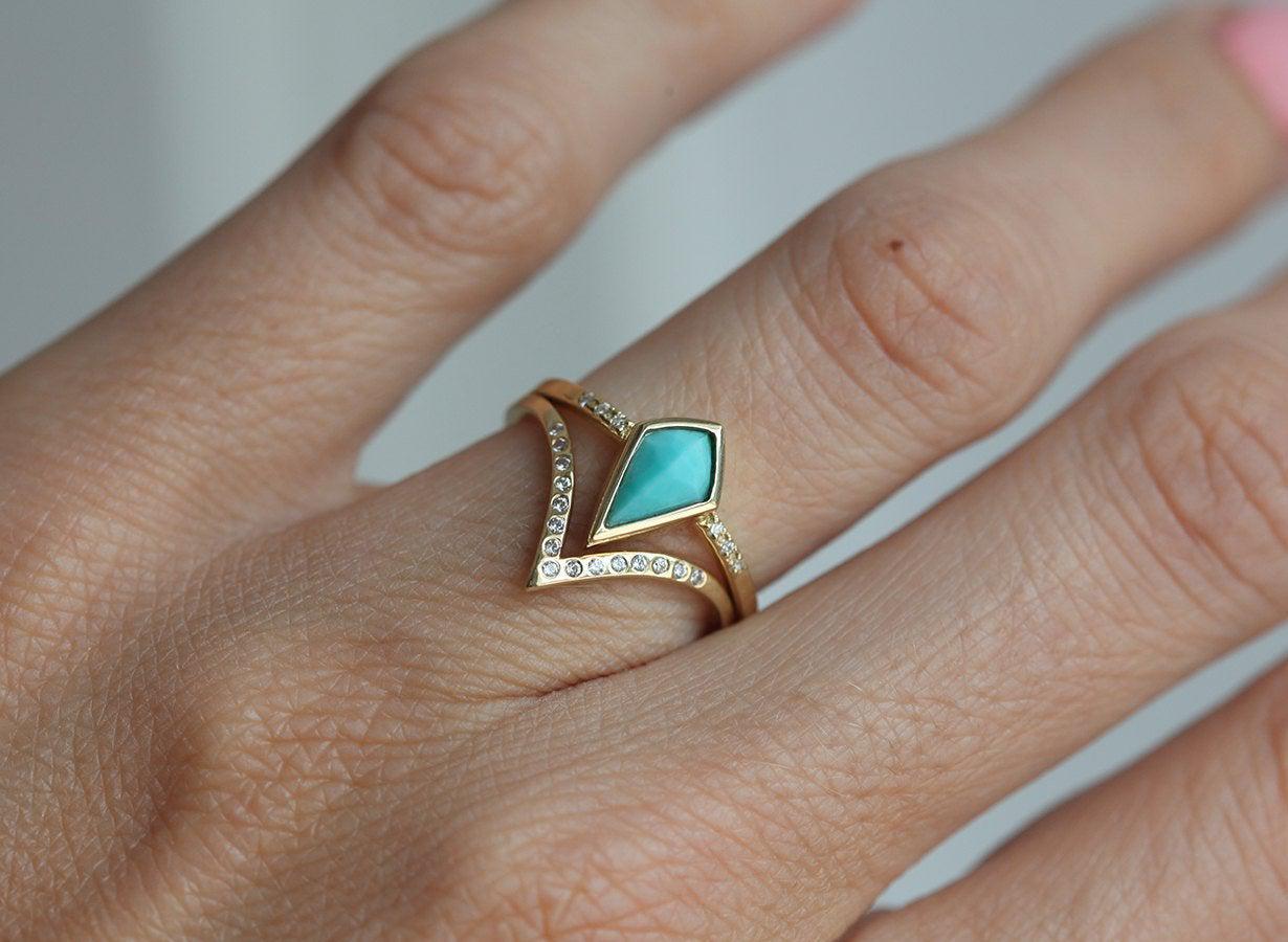 Unique Kite Turquoise Engagement Ring with Side White Diamonds with V-Shaped Diamond Band