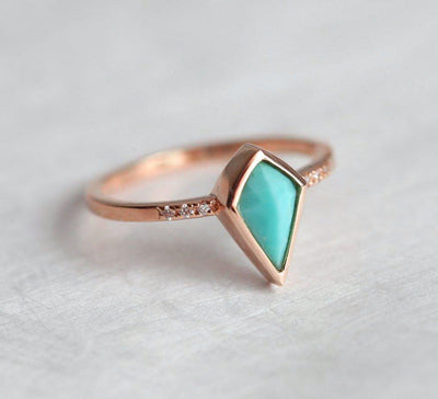 Unique Kite Turquoise Engagement Ring with Side White Diamonds