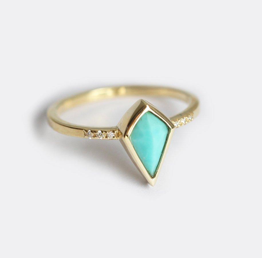 Unique Kite Turquoise Engagement Ring with Side White Diamonds