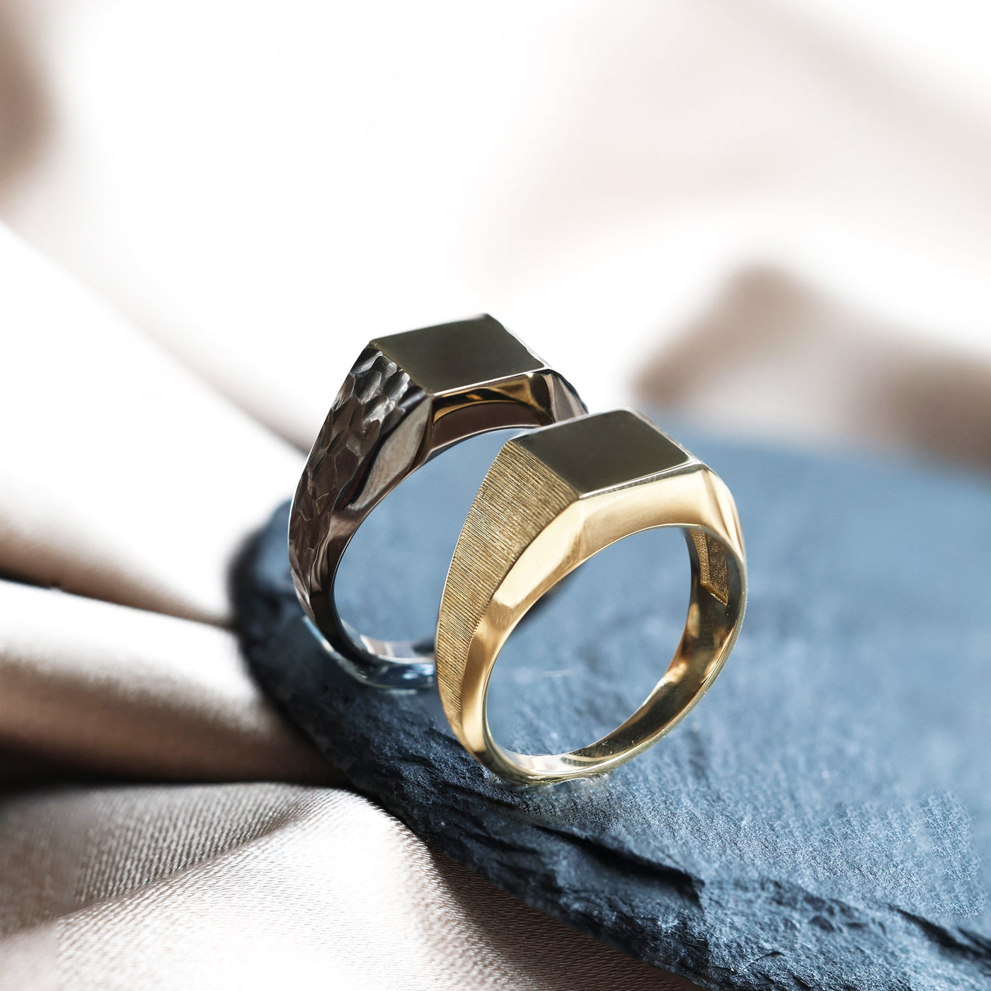 Gold bold signet ring, plain and polished, 14k yellow gold, 9.3mm wide, customizable with gemstones.