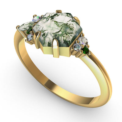 Hexagon Moss Agate Ring with Accent Tourmaline, Moss Agate, Moissanite Stones and White Diamonds
