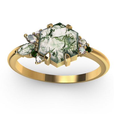 Hexagon Moss Agate Ring with Accent Tourmaline, Moss Agate, Moissanite Stones and White Diamonds