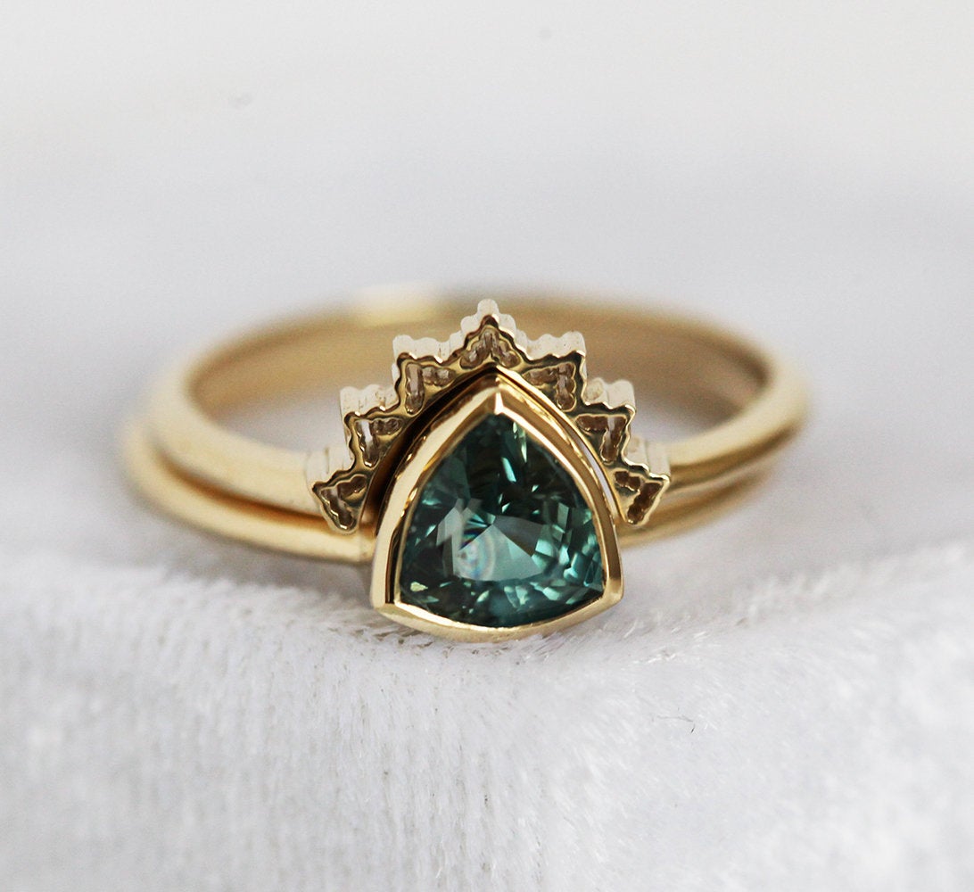 Trillion-cut green blue sapphire ring with gold lace band