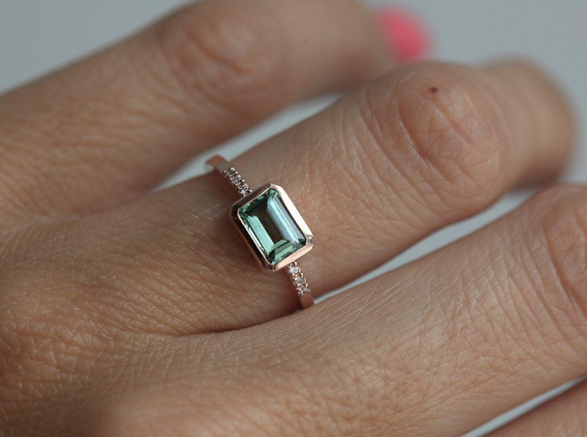 Mint Green Emerald-Cut Tourmaline Pave Diamond Ring