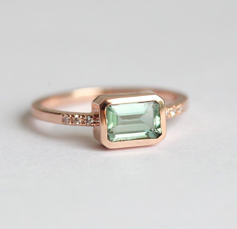Mint Green Emerald-Cut Tourmaline Pave Diamond Ring