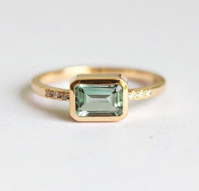 Mint Green Emerald-Cut Tourmaline Pave Diamond Ring