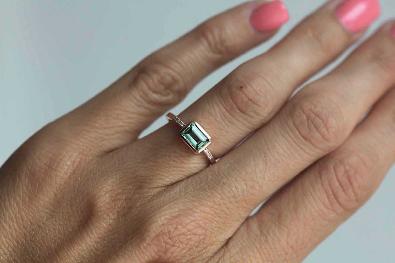 Mint Green Emerald-Cut Tourmaline Pave Diamond Ring