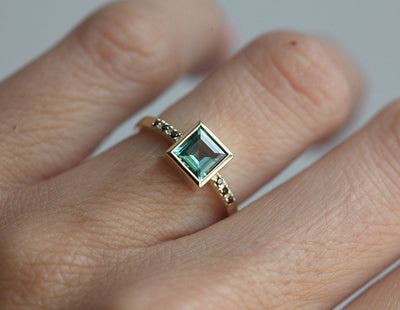 Mint Green Tourmaline Ring with Pave Side Round Black Diamonds