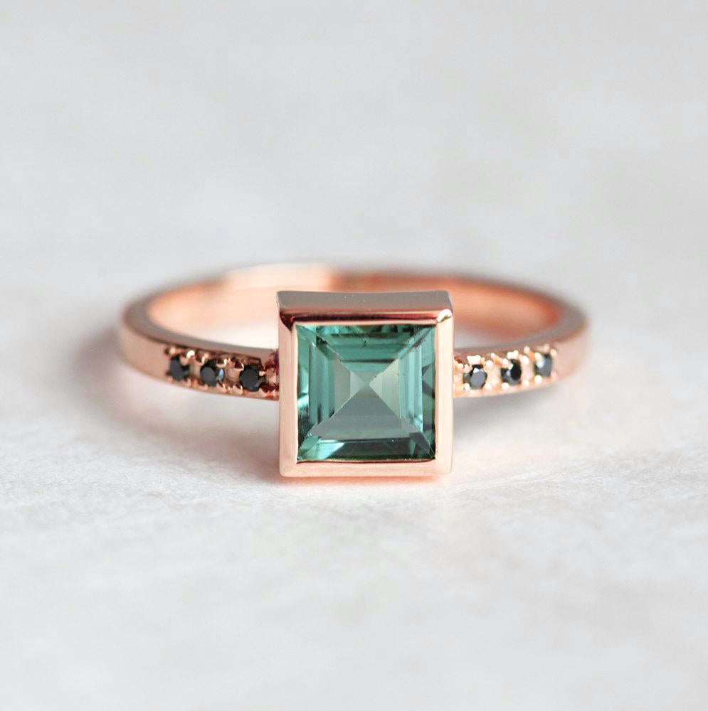 Mint Green Tourmaline Ring with Pave Side Round Black Diamonds