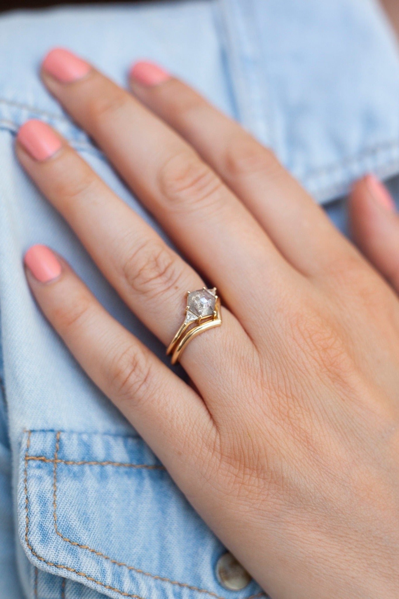 Hexagon Salt & Pepper Diamond with 2 Accent Triangle Diamonds in an engagement ring set