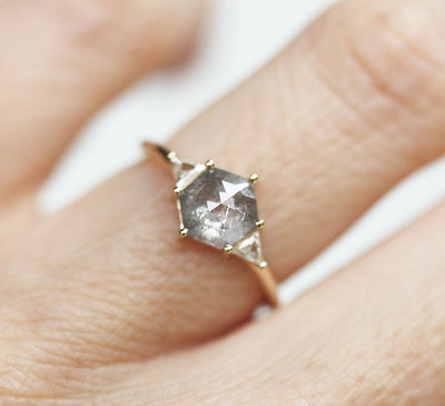 Hexagon Salt & Pepper Diamond with 2 Accent Triangle Diamonds in an engagement ring set