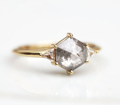 Hexagon Salt & Pepper Diamond with 2 Accent Triangle Diamonds in an engagement ring set