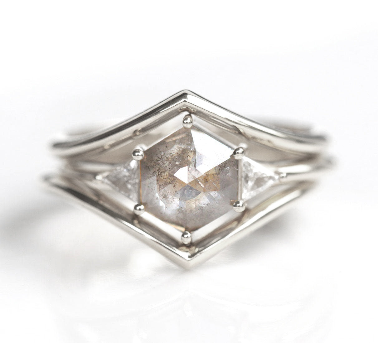 Hexagon Salt & Pepper Diamond with 2 Accent Triangle Diamonds in an engagement ring set