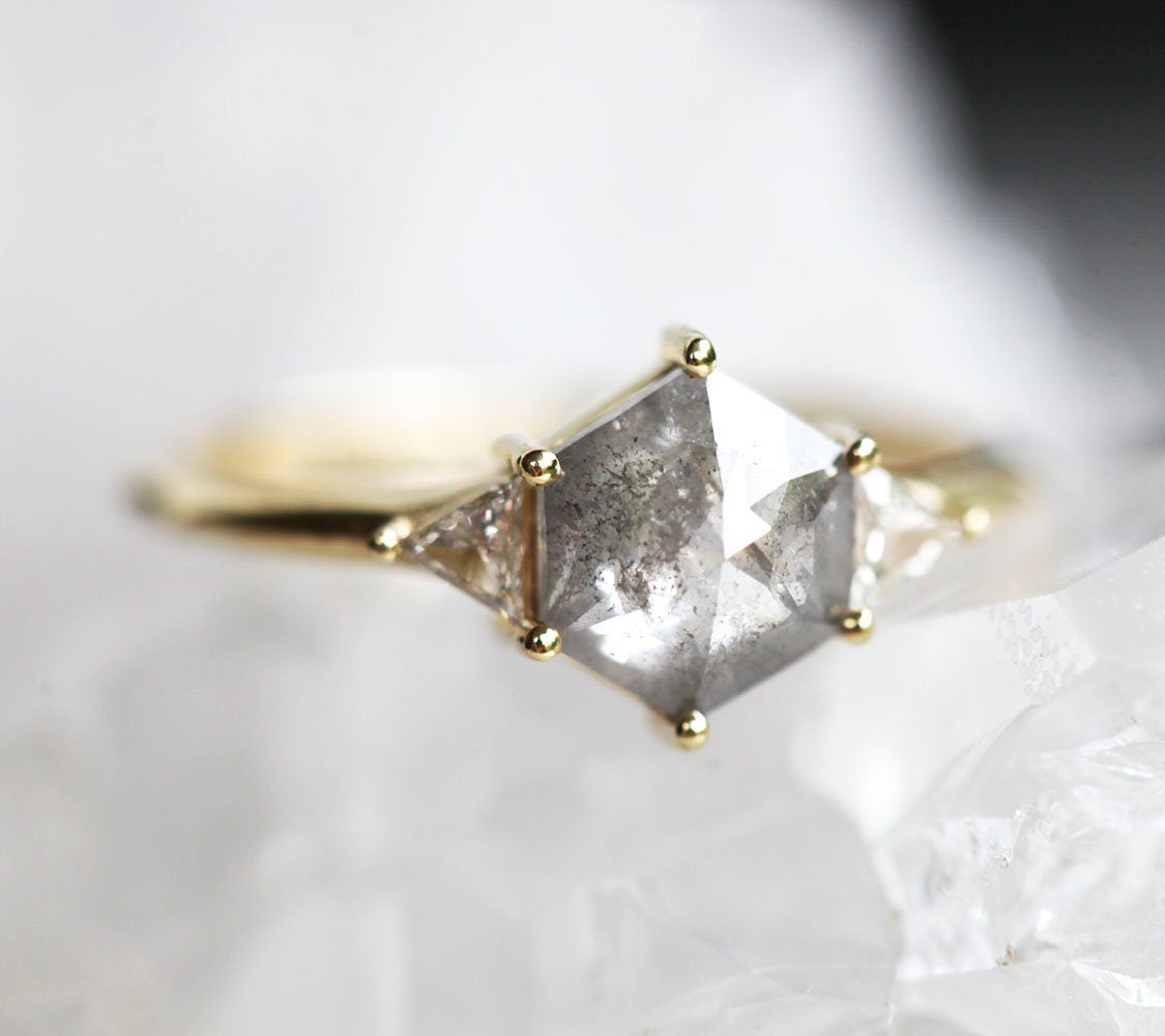 Hexagon Salt & Pepper Diamond with 2 Accent Triangle Diamonds in an engagement ring set