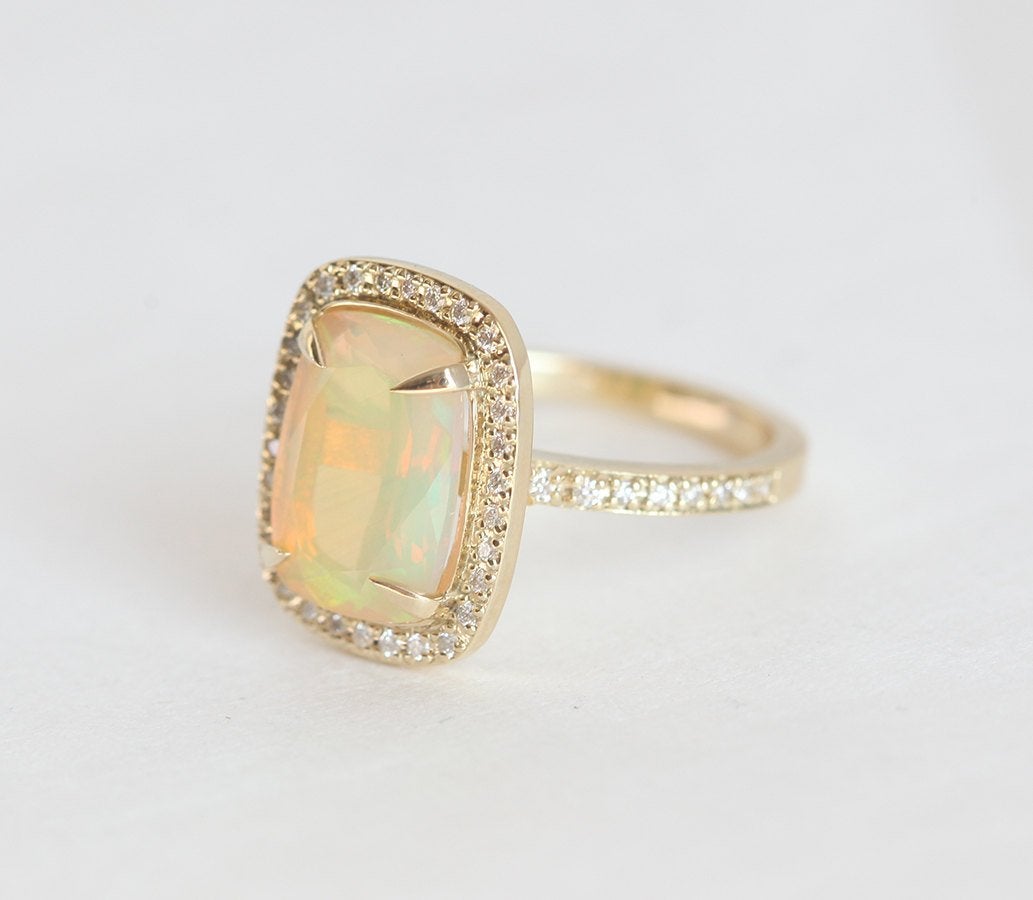 Cushion-Cut Opal Halo Ring with Side Round White Diamonds and Diamonds Set Along The Band