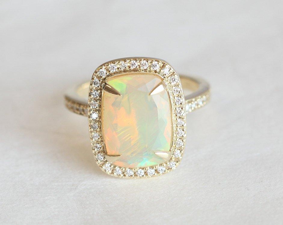 Cushion-Cut Opal Halo Ring with Side Round White Diamonds and Diamonds Set Along The Band
