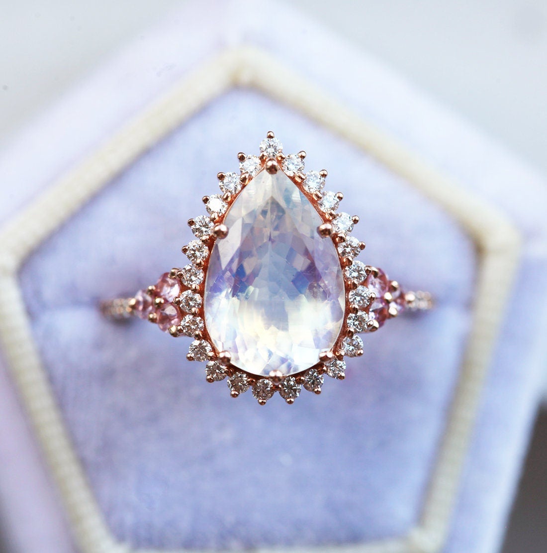 Pear Moonstone Halo Engagement Ring with White Diamonds and Sapphire