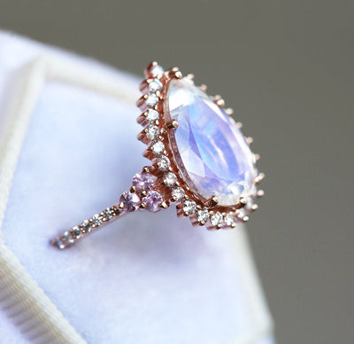 Pear Moonstone Halo Engagement Ring with White Diamonds and Sapphire