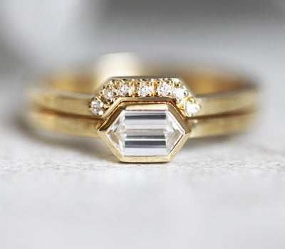 Hexagon White Diamond Bridal Ring set with matching diamond band